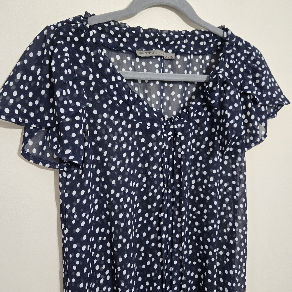 Y2K Zara Basic Dark Blue White Polka Dot Chiffon Seer Blouse S - Picture 3 of 9